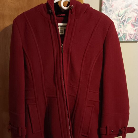 St Johns Bay Women Sz M Red Wool Cashmere Hooded Pea Coat Front Zip Pockets - Picture 1 of 1